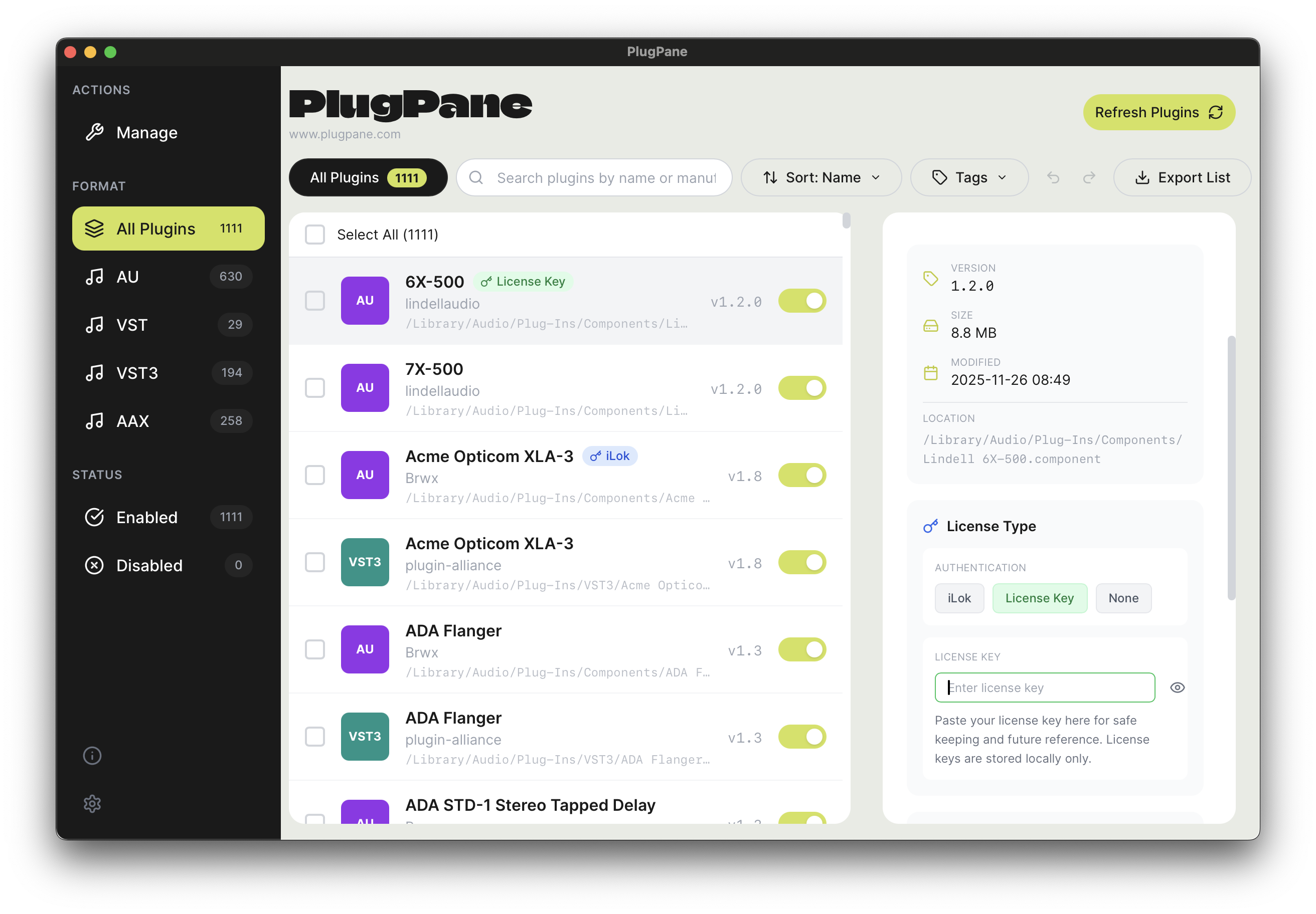 PlugPane License Management showing iLok and serial number tracking