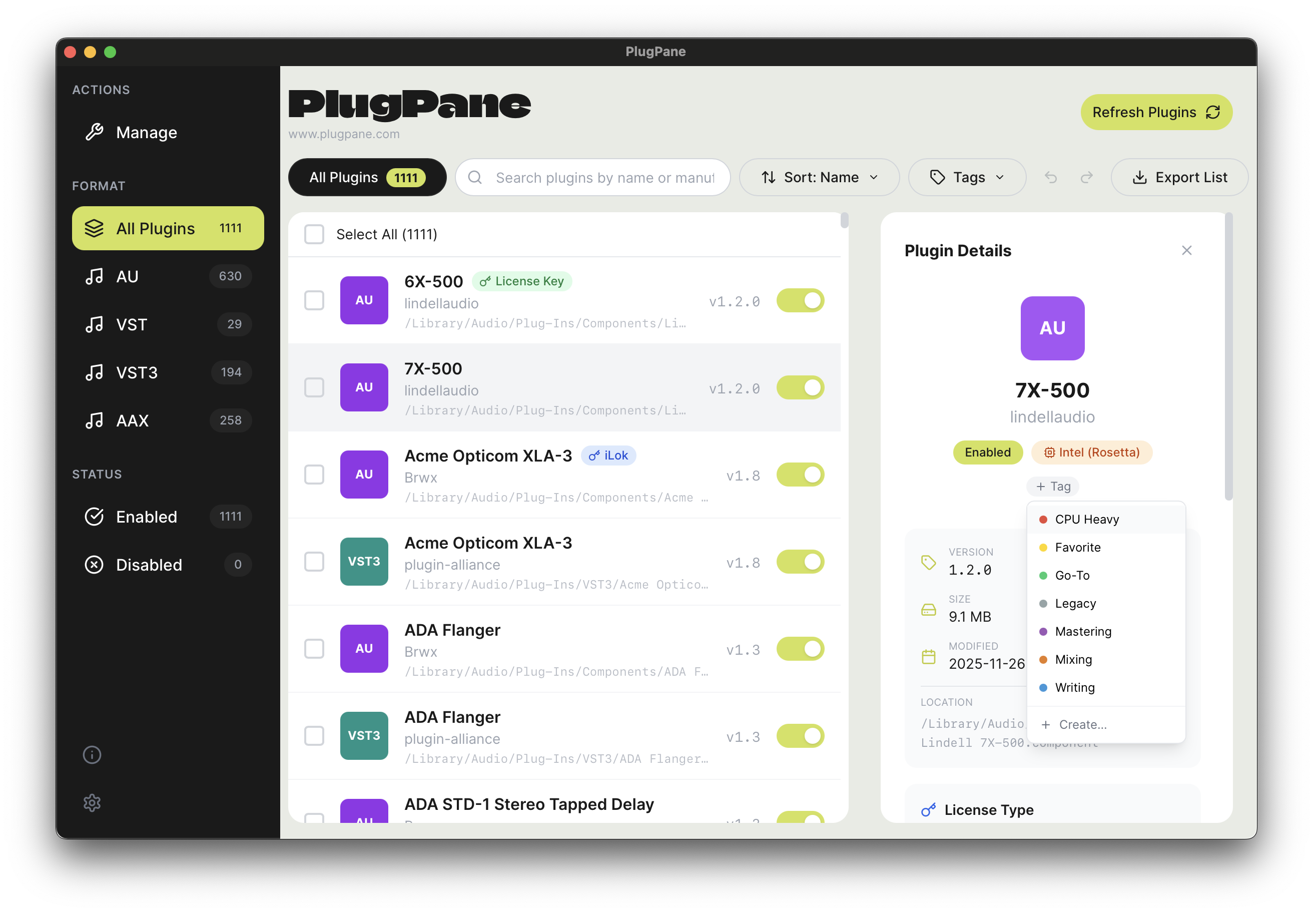 PlugPane Tagging System showing custom tags and color-coded organization
