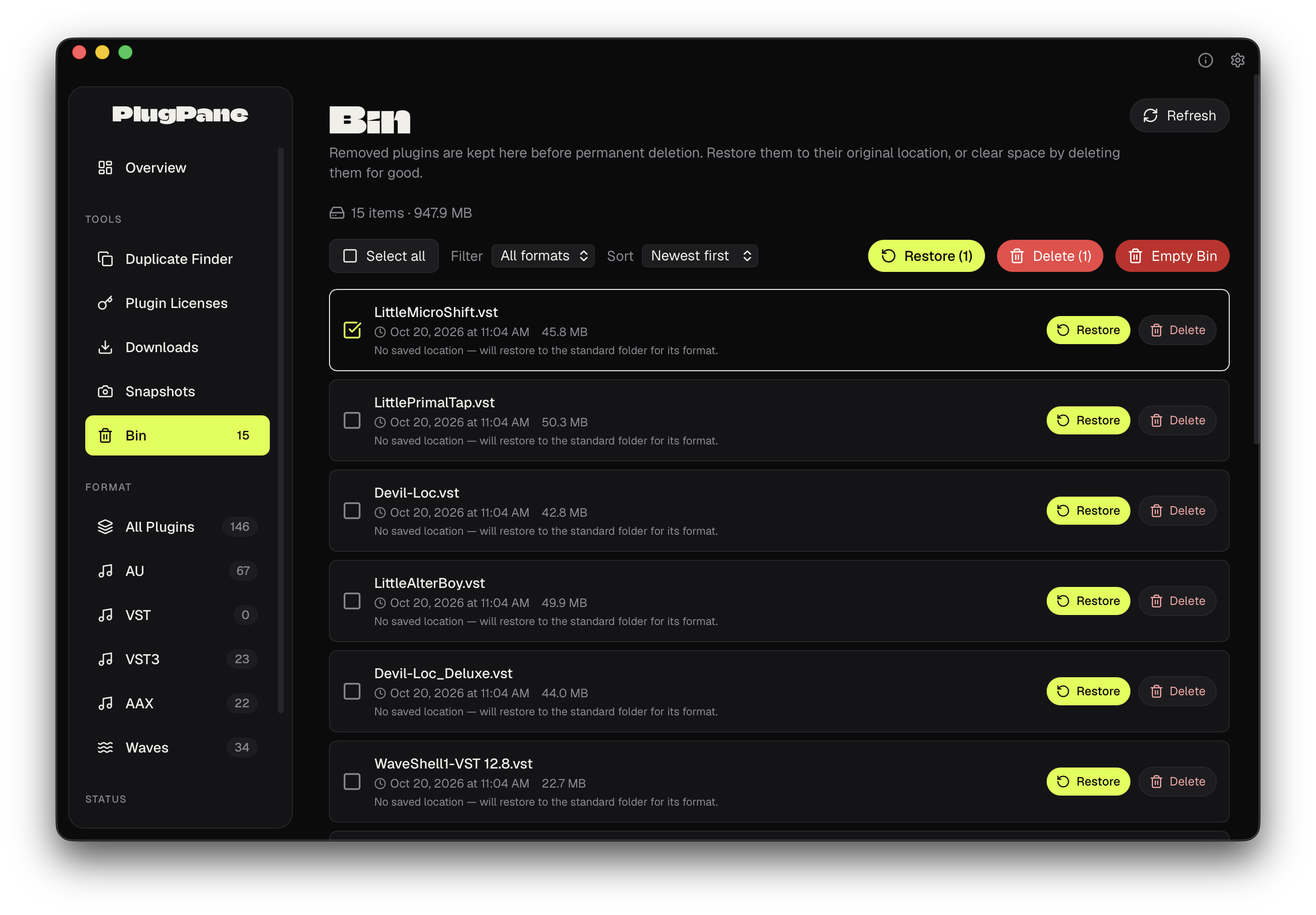 PlugPane's Bin view showing removed plugins with restore and delete controls, size and removal date