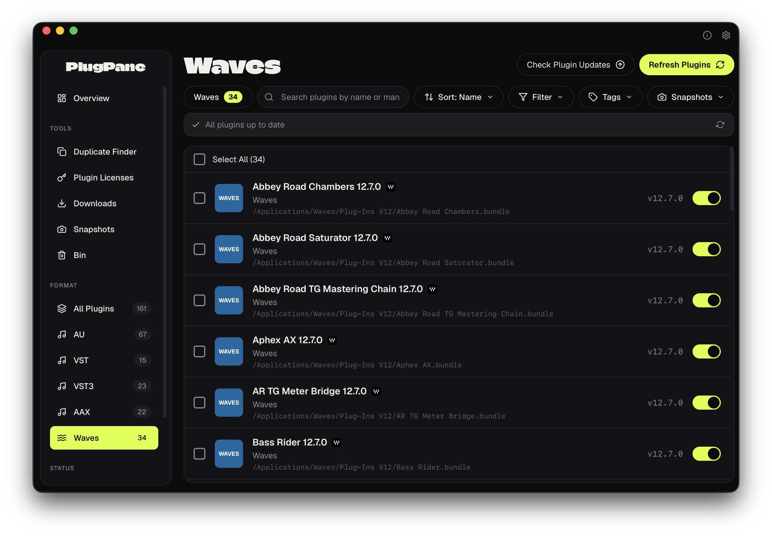 PlugPane's Waves view listing each installed Waves plugin individually with version and bundle path